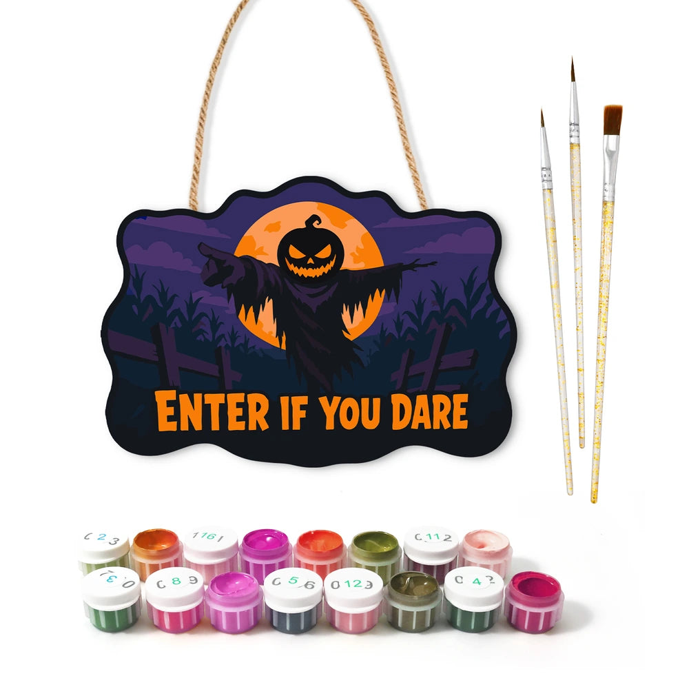 Paint by Numbers - Wooden Door Hanger | Enter If You Dare Pumpkin Scarecrow