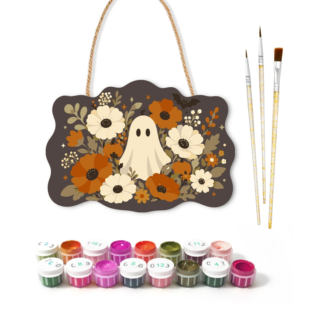 Paint by Numbers - Wooden Door Hanger | Ghost Among Autumn Flowers