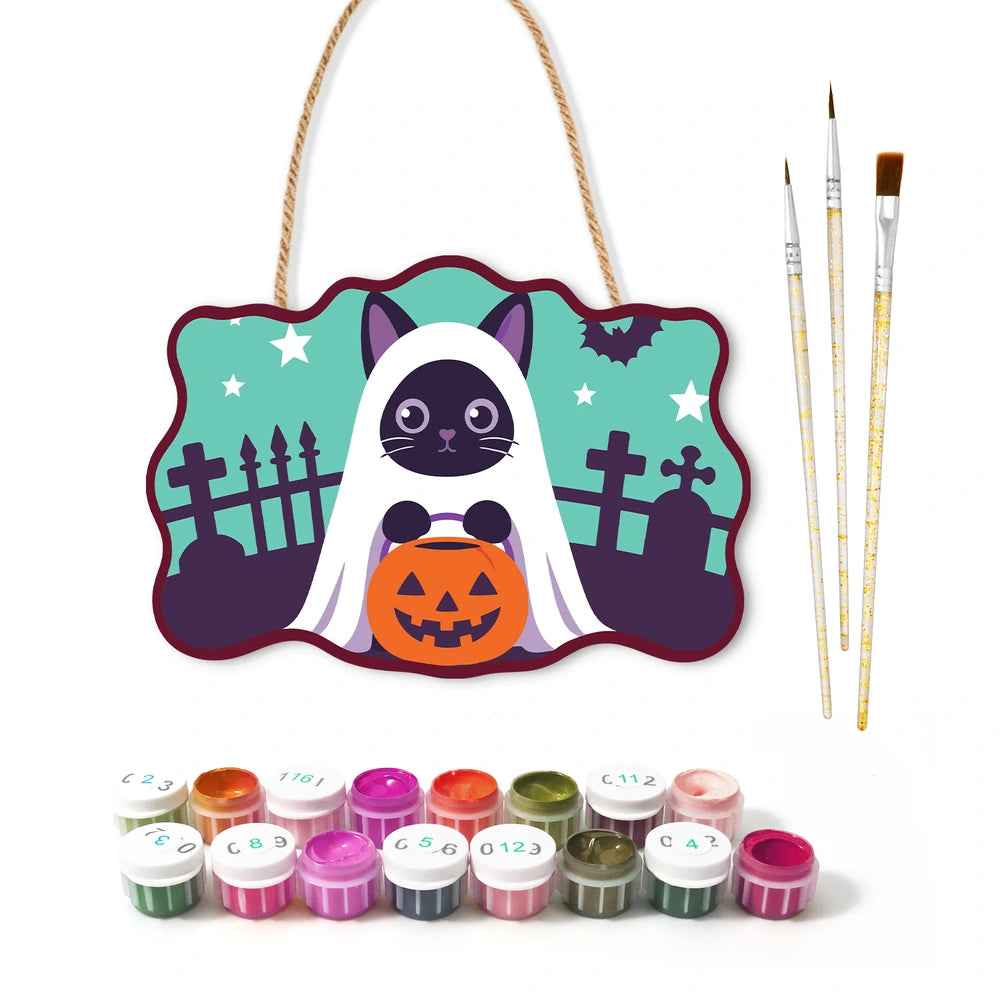 Paint by Numbers - Wooden Door Hanger | Ghost Cat with a Pumpkin