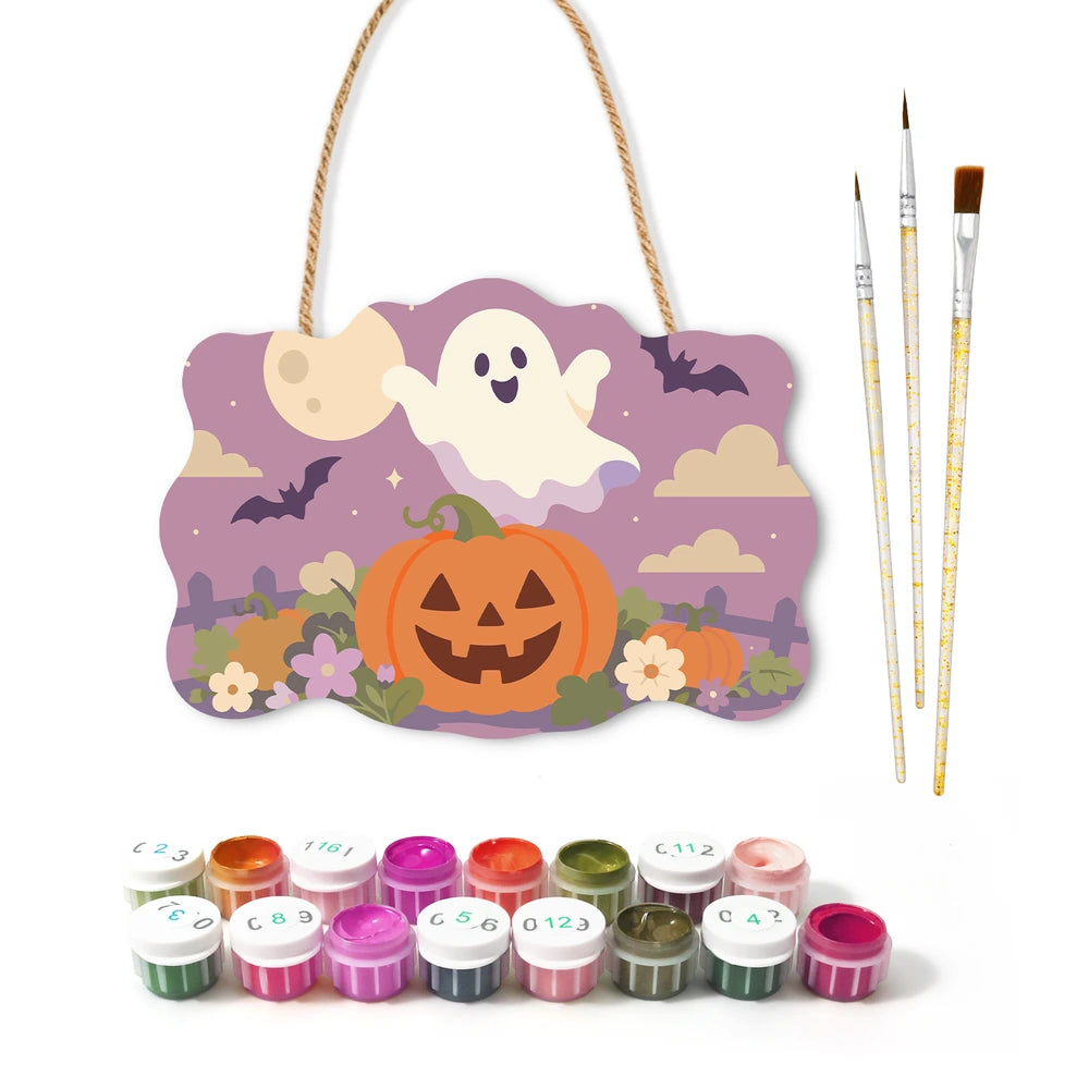 
Paint by Numbers - Wooden Door Hanger | Ghost Over a Jack-o'-Lantern at Dusk