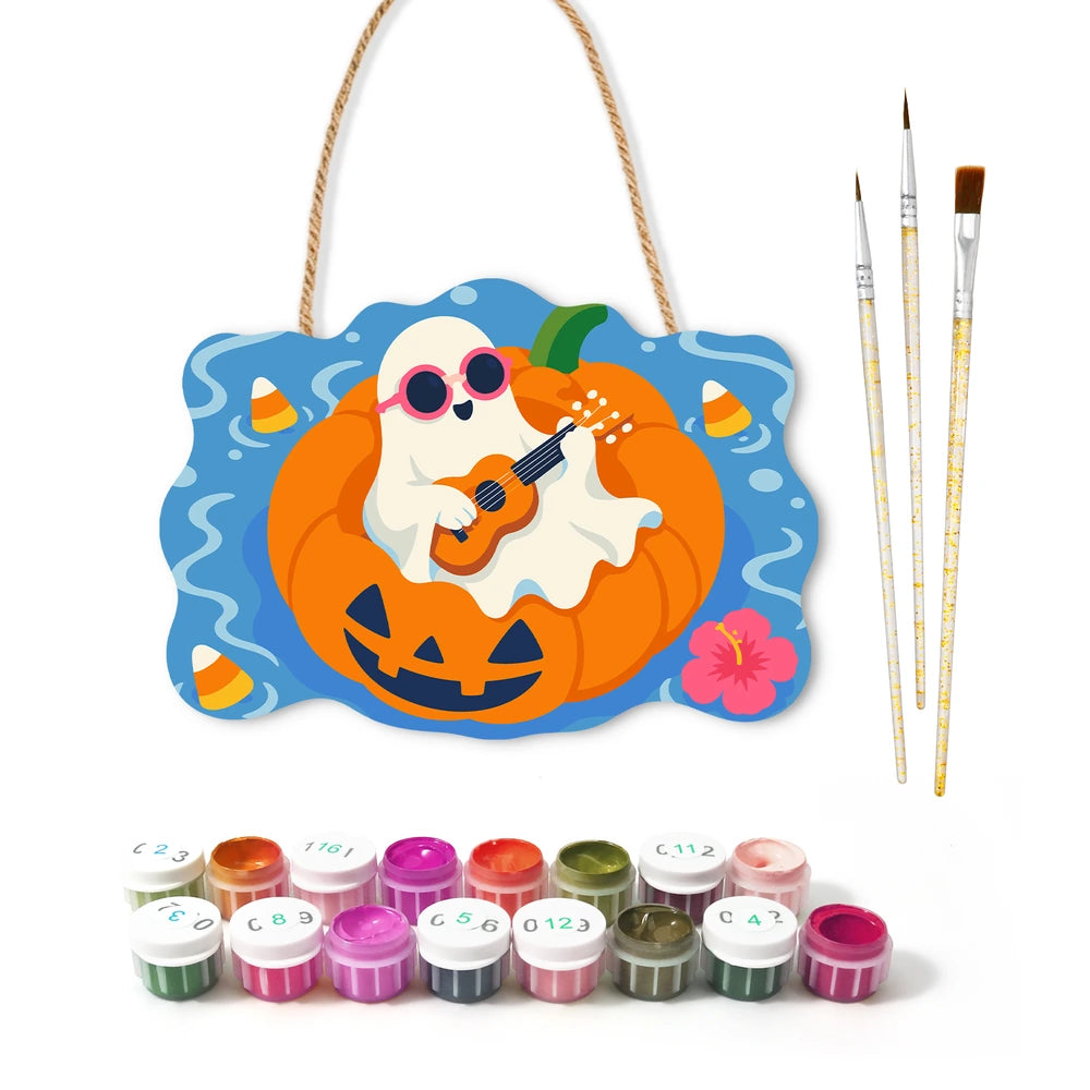 Paint by Numbers - Wooden Door Hanger | Ghost Playing Ukulele on a Pumpkin Float