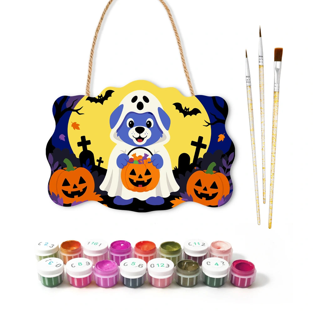 Paint by Numbers - Wooden Door Hanger | Ghost Puppy with a Candy Bucket