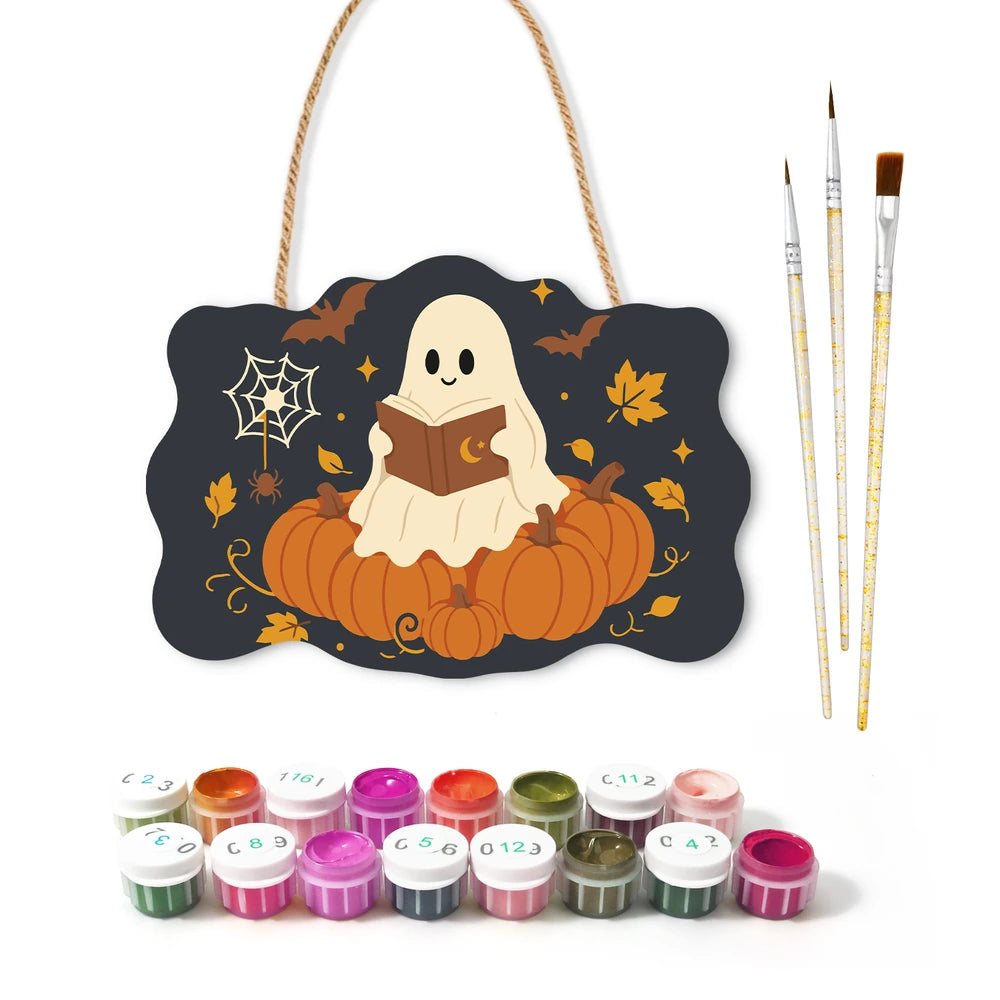 Paint by Numbers - Wooden Door Hanger | Ghost Reading on a Pumpkin