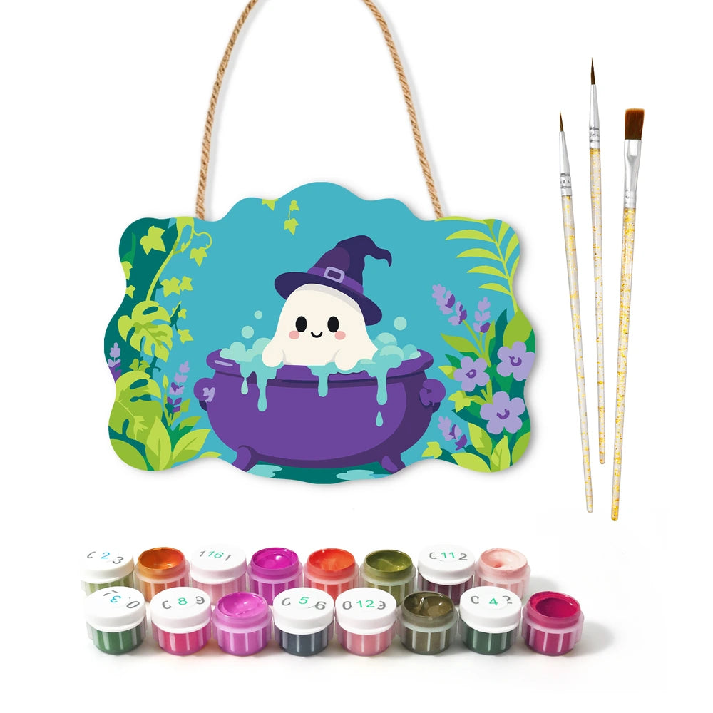 Paint by Numbers - Wooden Door Hanger | Ghost in a Bubbling Cauldron