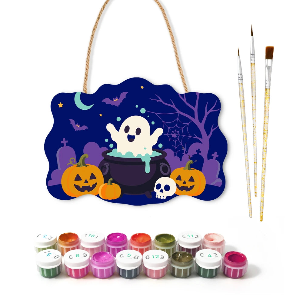 
Paint by Numbers - Wooden Door Hanger | Ghost in a Cauldron in the Graveyard