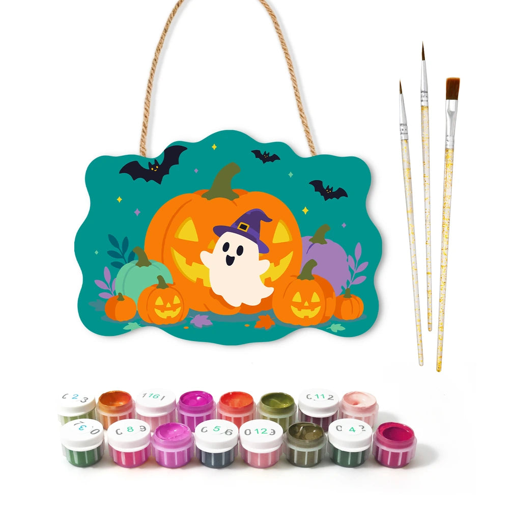 Paint by Numbers - Wooden Door Hanger | Ghost in a Witch Hat with Pumpkins