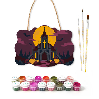 Paint by Numbers - Wooden Door Hanger | Gothic Church Under the Full Moon
