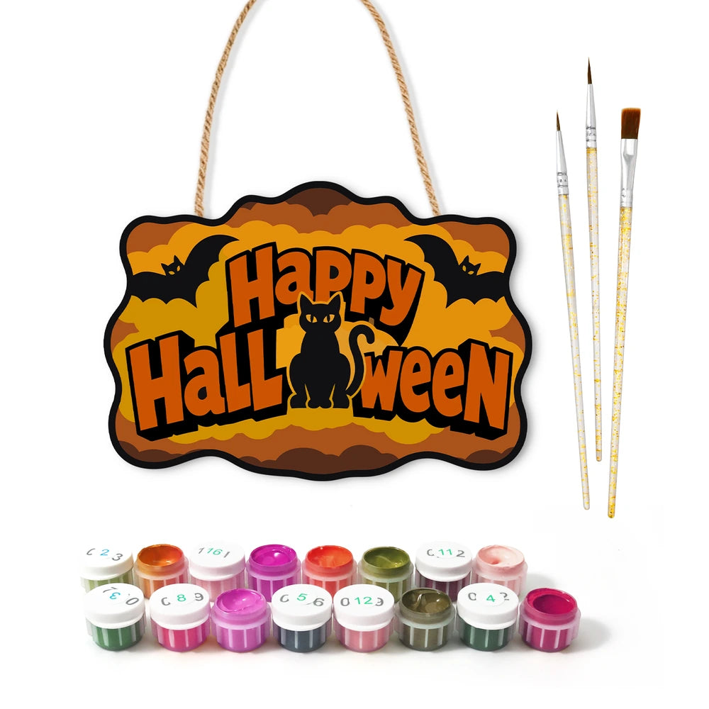 
Paint by Numbers - Wooden Door Hanger | Happy Halloween Black Cat