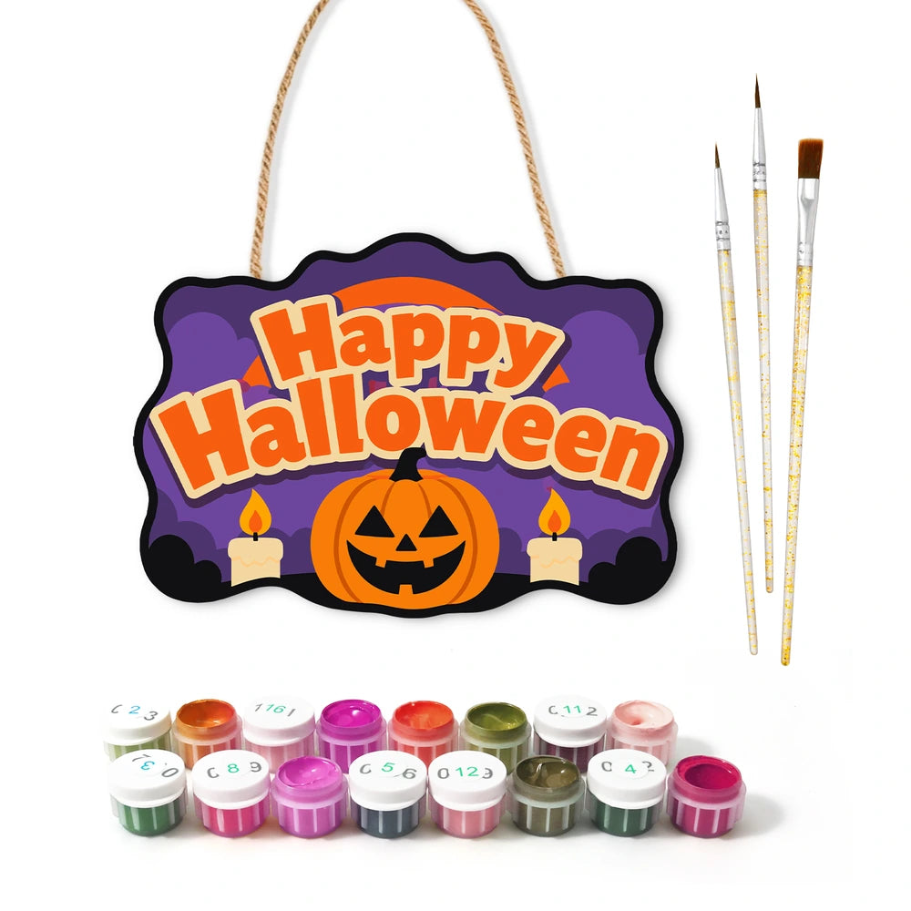 Paint by Numbers - Wooden Door Hanger | Happy Halloween Candlelit Pumpkin