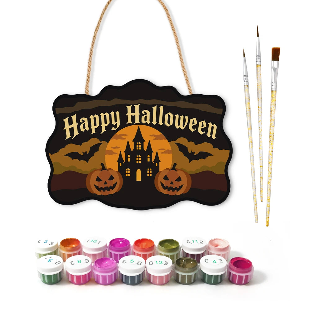 Paint by Numbers - Wooden Door Hanger | Happy Halloween Castle and Pumpkins
