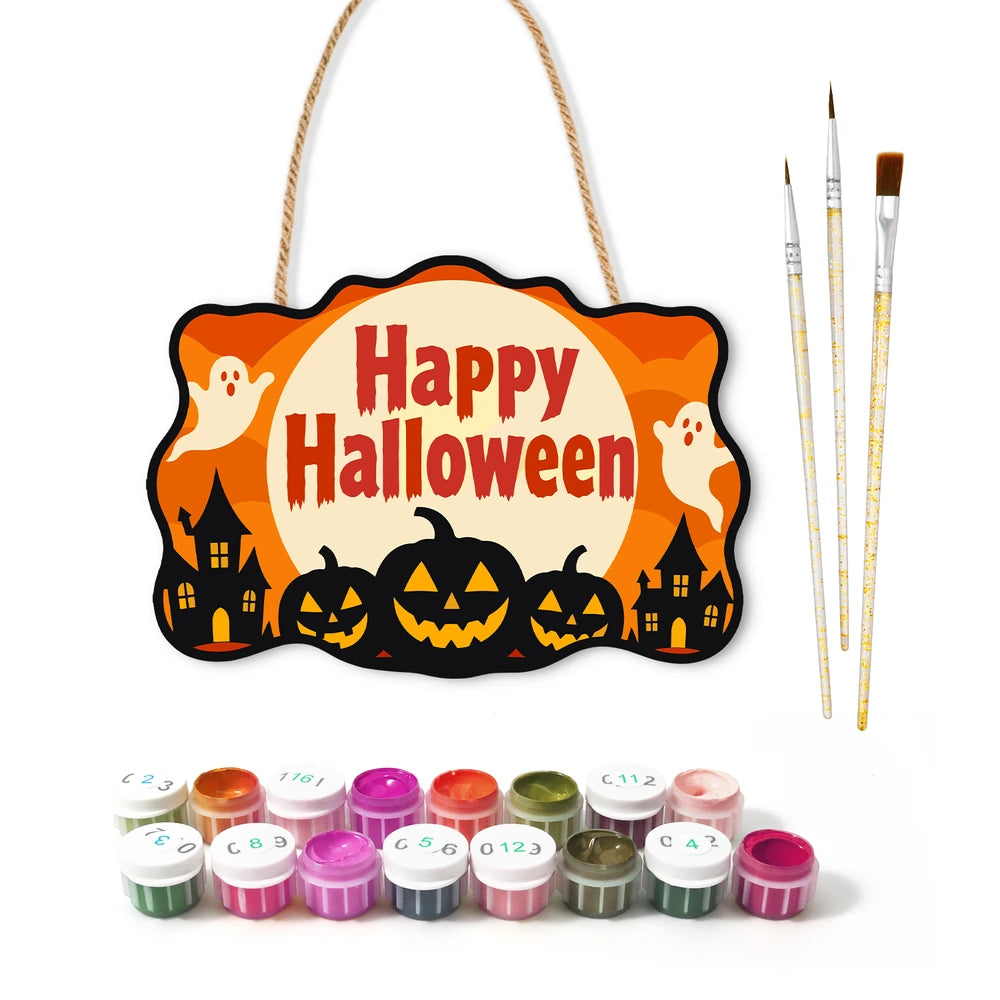 
Paint by Numbers - Wooden Door Hanger | Happy Halloween Ghosts Over the Town