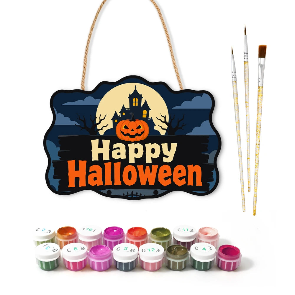 Paint by Numbers - Wooden Door Hanger | Happy Halloween Haunted House Sign