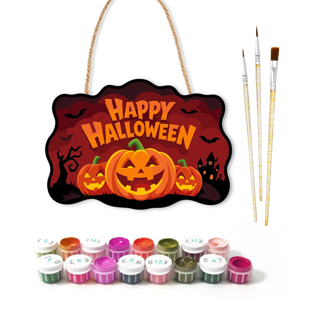 Paint by Numbers - Wooden Door Hanger | Happy Halloween Pumpkin Trio at Night