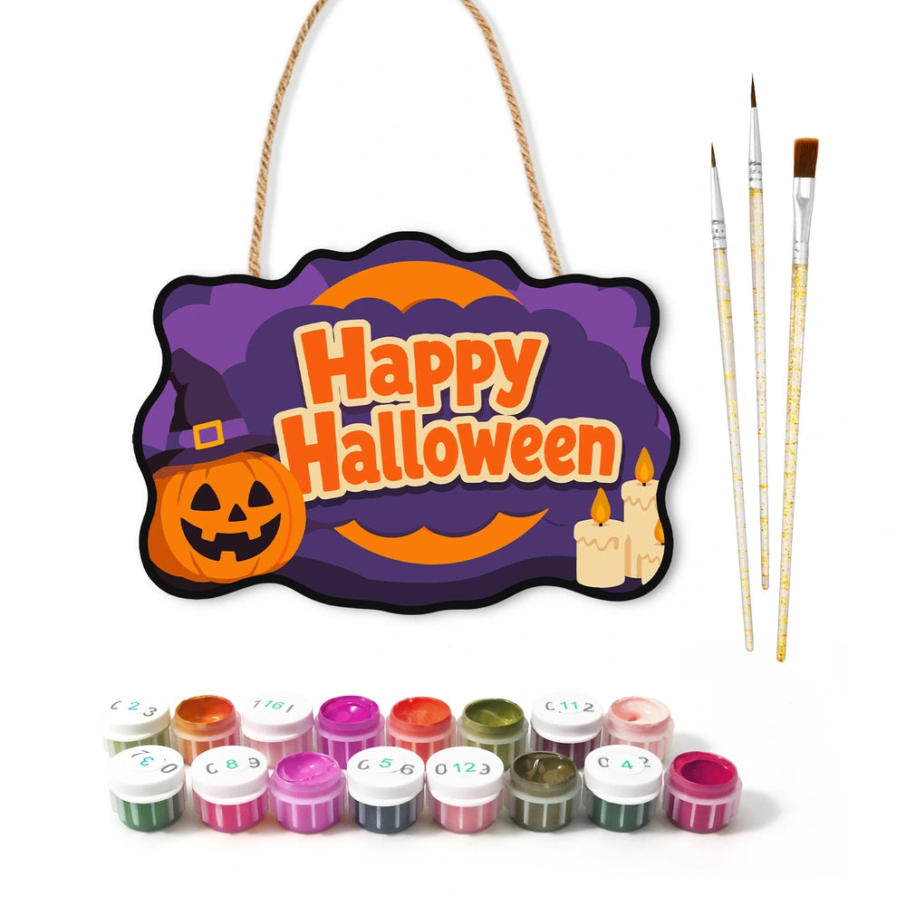Paint by Numbers - Wooden Door Hanger | Happy Halloween Pumpkin and Candles