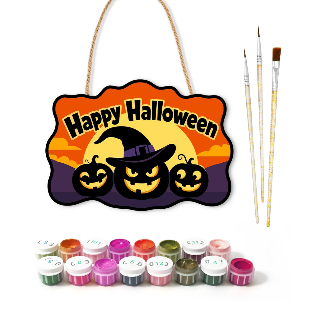Paint by Numbers - Wooden Door Hanger | Happy Halloween Pumpkin in a Witch Hat