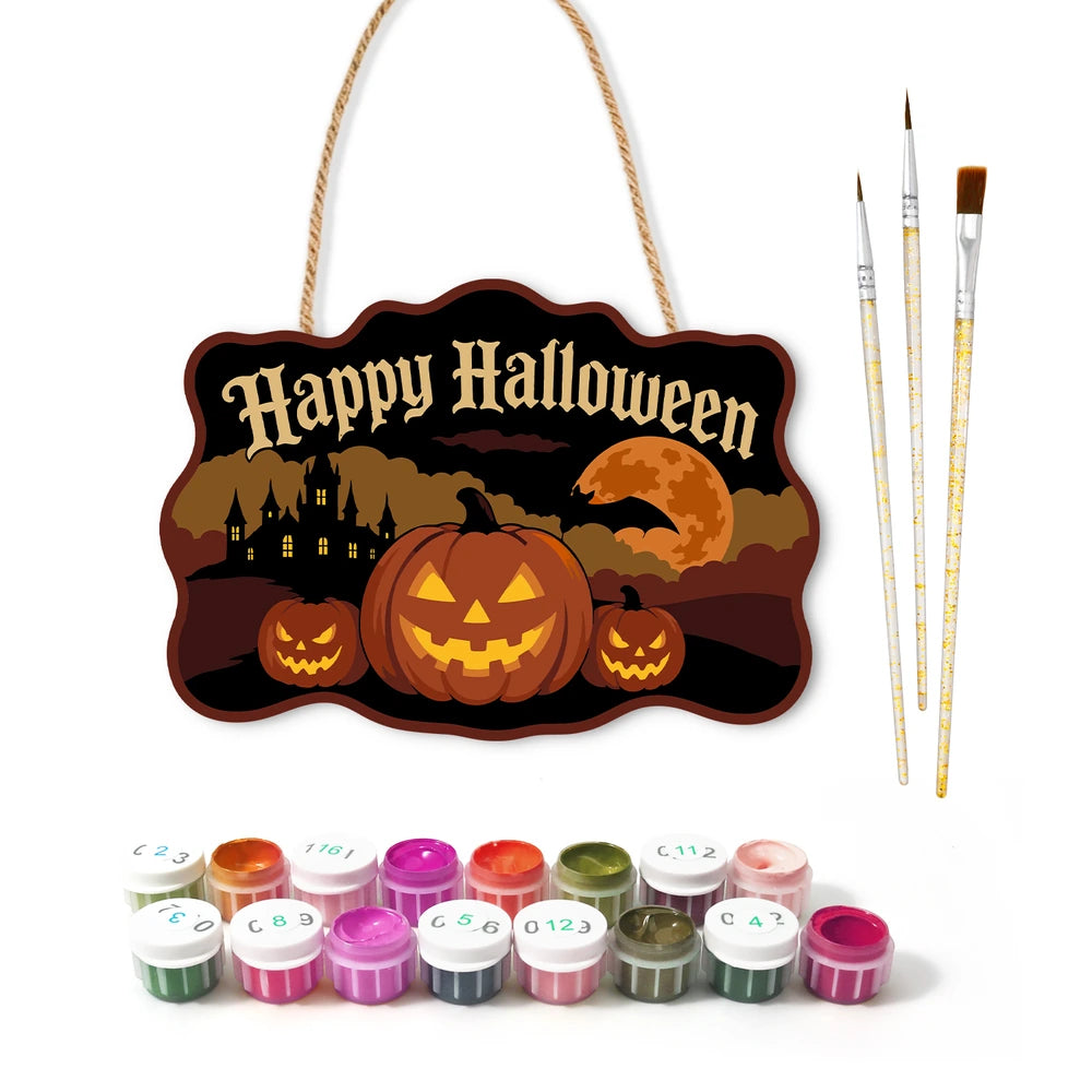 Paint by Numbers - Wooden Door Hanger | Happy Halloween Pumpkins and Castle