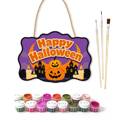 Paint by Numbers - Wooden Door Hanger | Happy Halloween Pumpkins and Haunted Houses