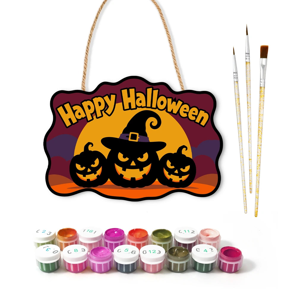 Paint by Numbers - Wooden Door Hanger | Happy Halloween Pumpkins in a Witch Hat