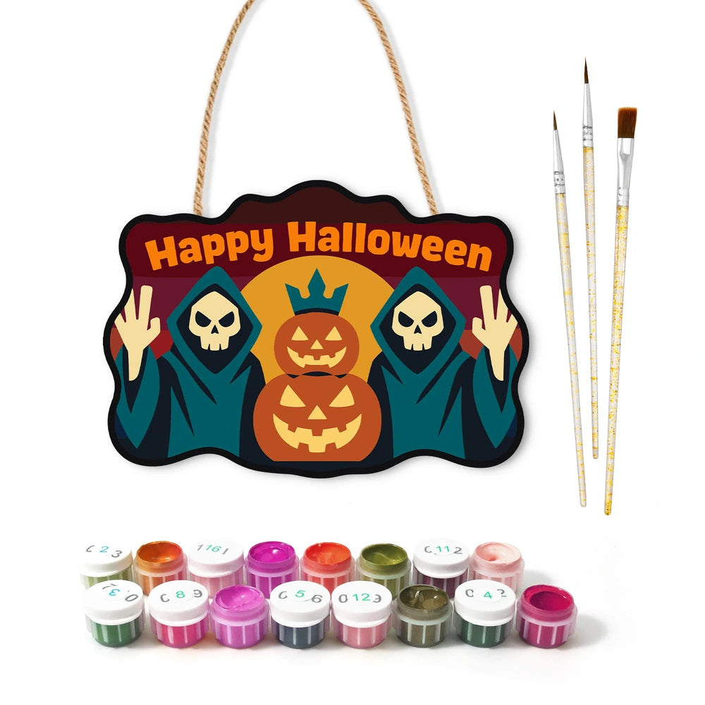 Paint by Numbers - Wooden Door Hanger | Happy Halloween Reapers at Sunset