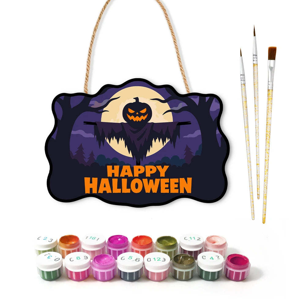 Paint by Numbers - Wooden Door Hanger | Happy Halloween Scarecrow Silhouette