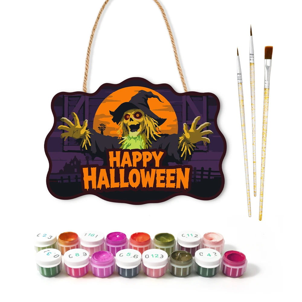 Paint by Numbers - Wooden Door Hanger | Happy Halloween Scarecrow at Night