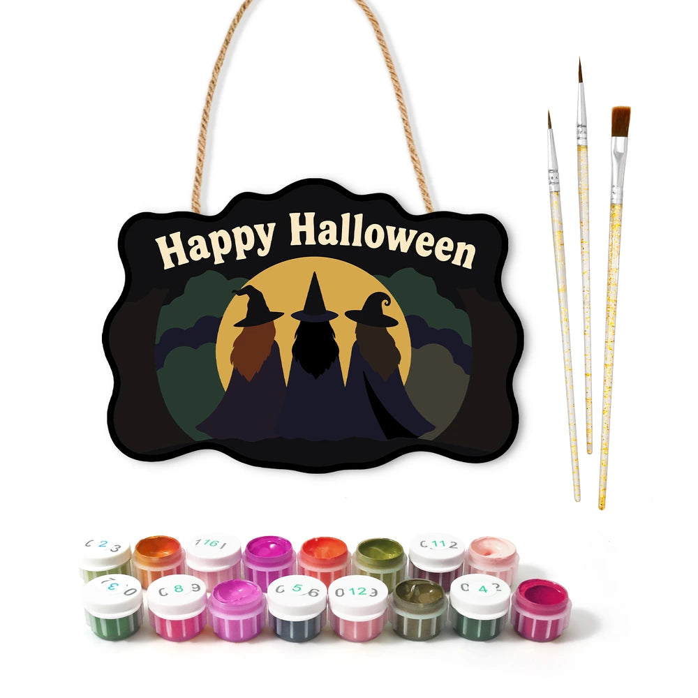 Paint by Numbers - Wooden Door Hanger | Happy Halloween Three Witches
