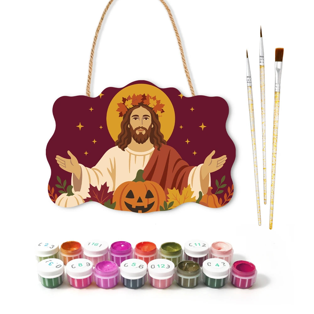 Paint by Numbers - Wooden Door Hanger | Jesus with Open Arms in Autumn