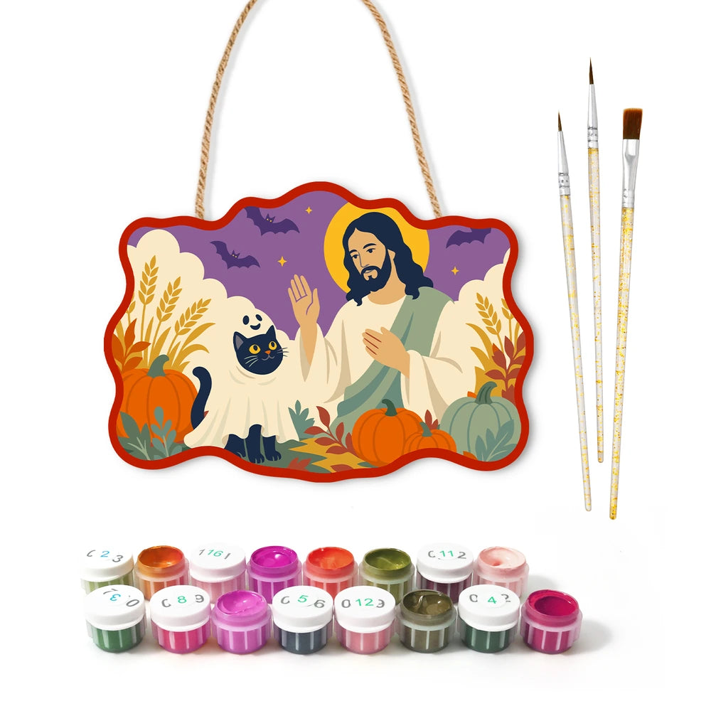 Paint by Numbers - Wooden Door Hanger | Jesus with a Ghost Cat