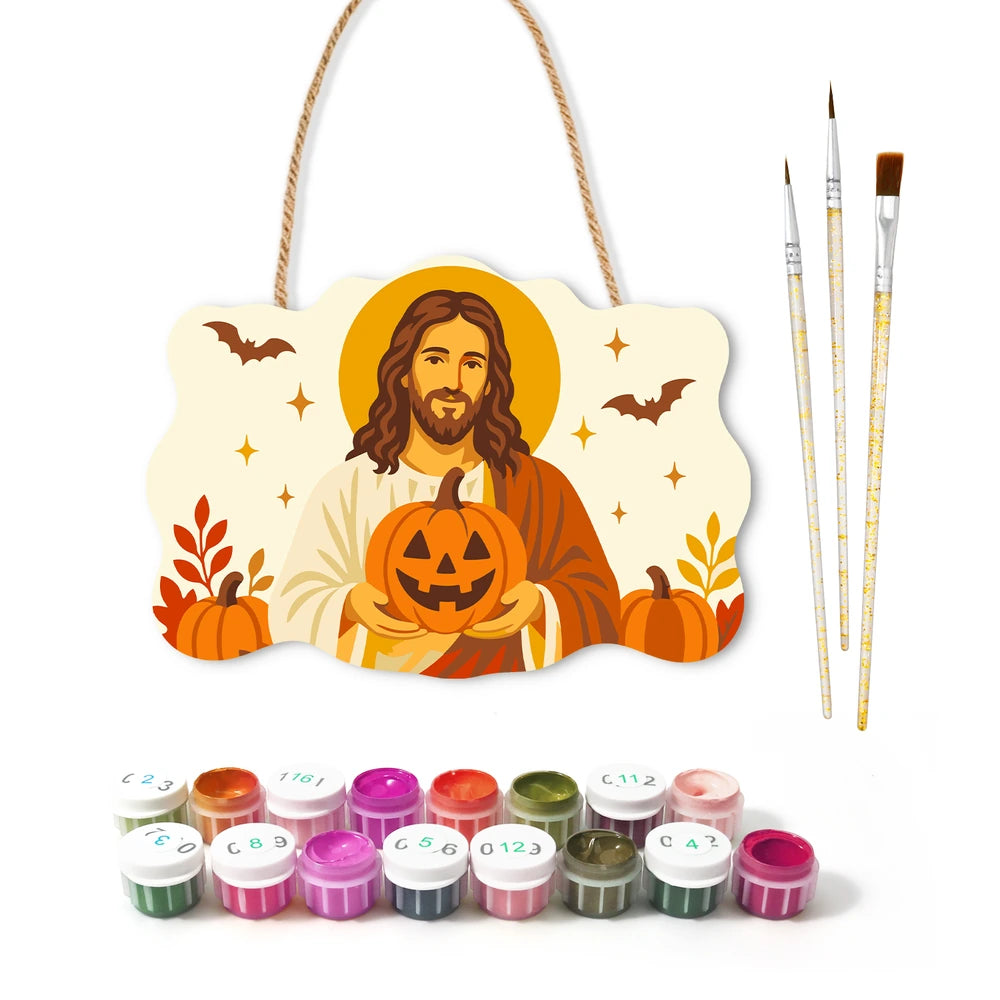 Paint by Numbers - Wooden Door Hanger | Jesus with a Jack-o'-Lantern in Autumn