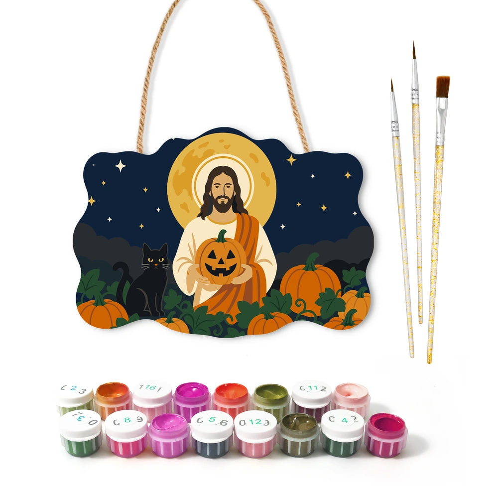 Paint by Numbers - Wooden Door Hanger | Jesus with a Pumpkin and Black Cat