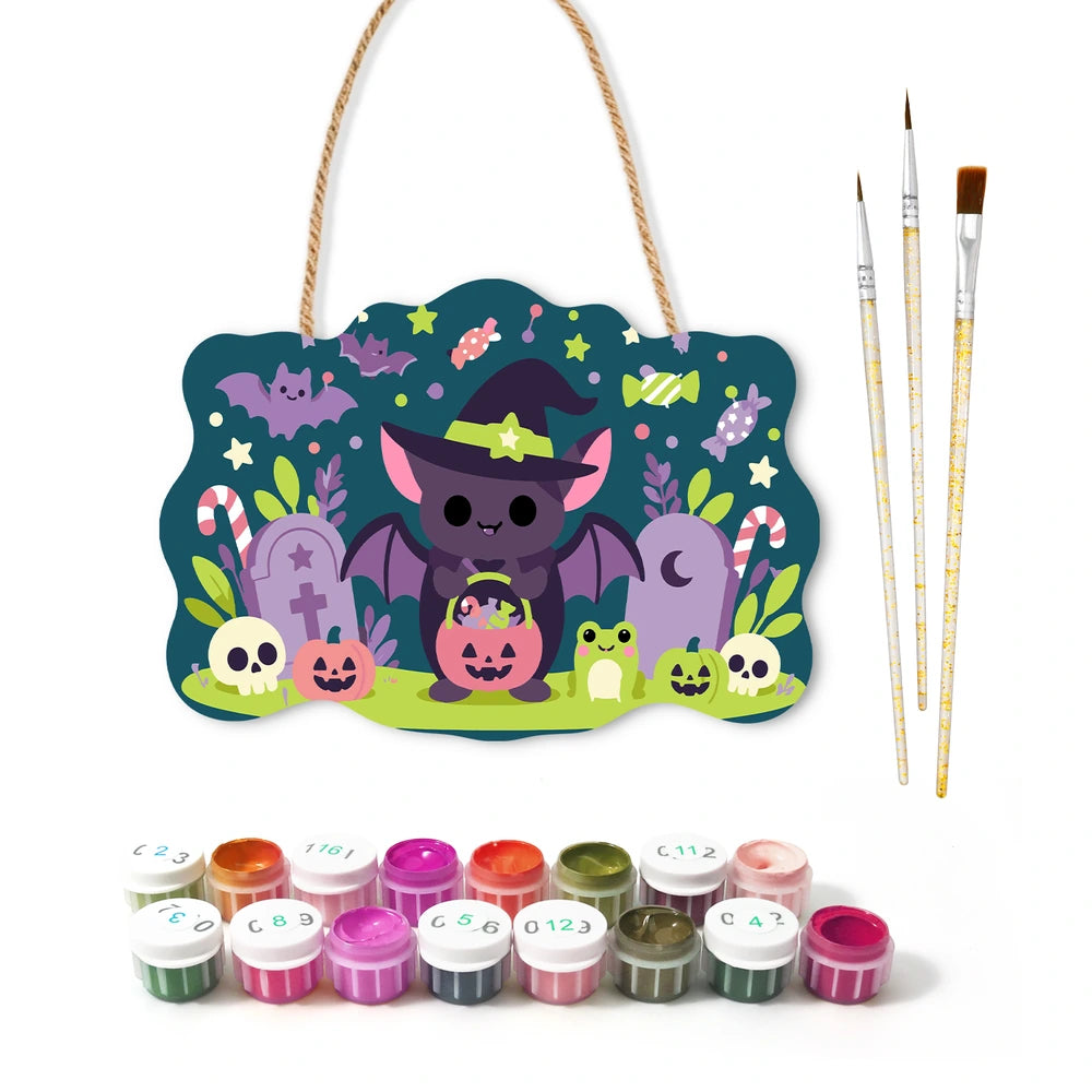 Paint by Numbers - Wooden Door Hanger | Little Bat with a Candy Basket