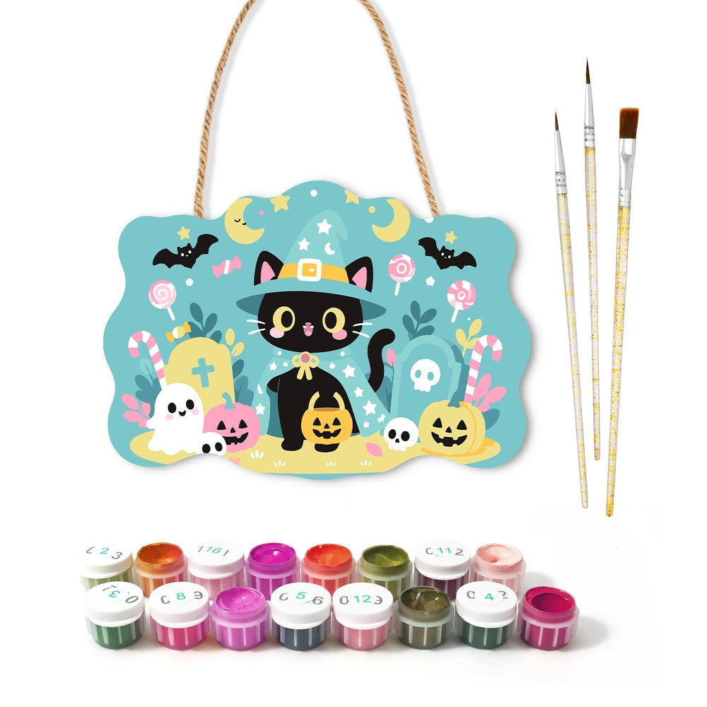 Paint by Numbers - Wooden Door Hanger | Little Black Cat with a Candy Bucket