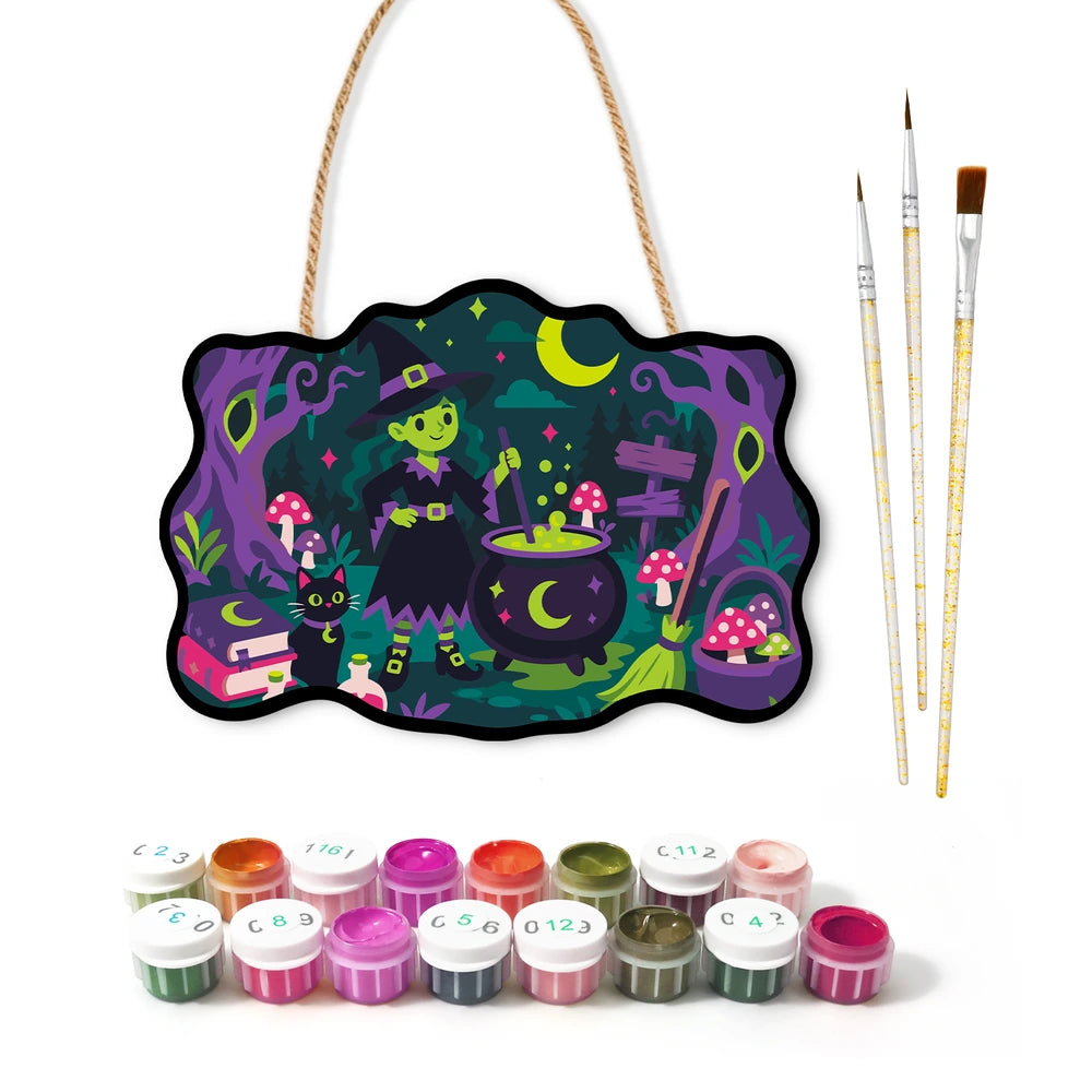Paint by Numbers - Wooden Door Hanger | Little Witch at the Mushroom Cauldron