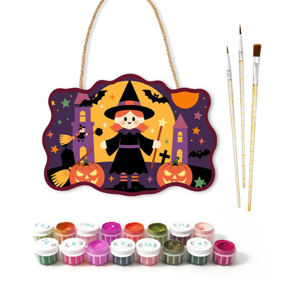 Paint by Numbers - Wooden Door Hanger | Little Witch with Pumpkins