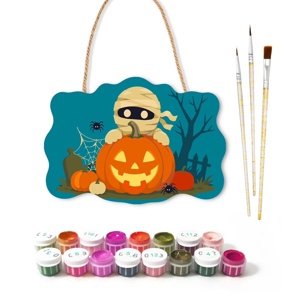 
Paint by Numbers - Wooden Door Hanger | Mummy Behind a Jack-o'-Lantern
