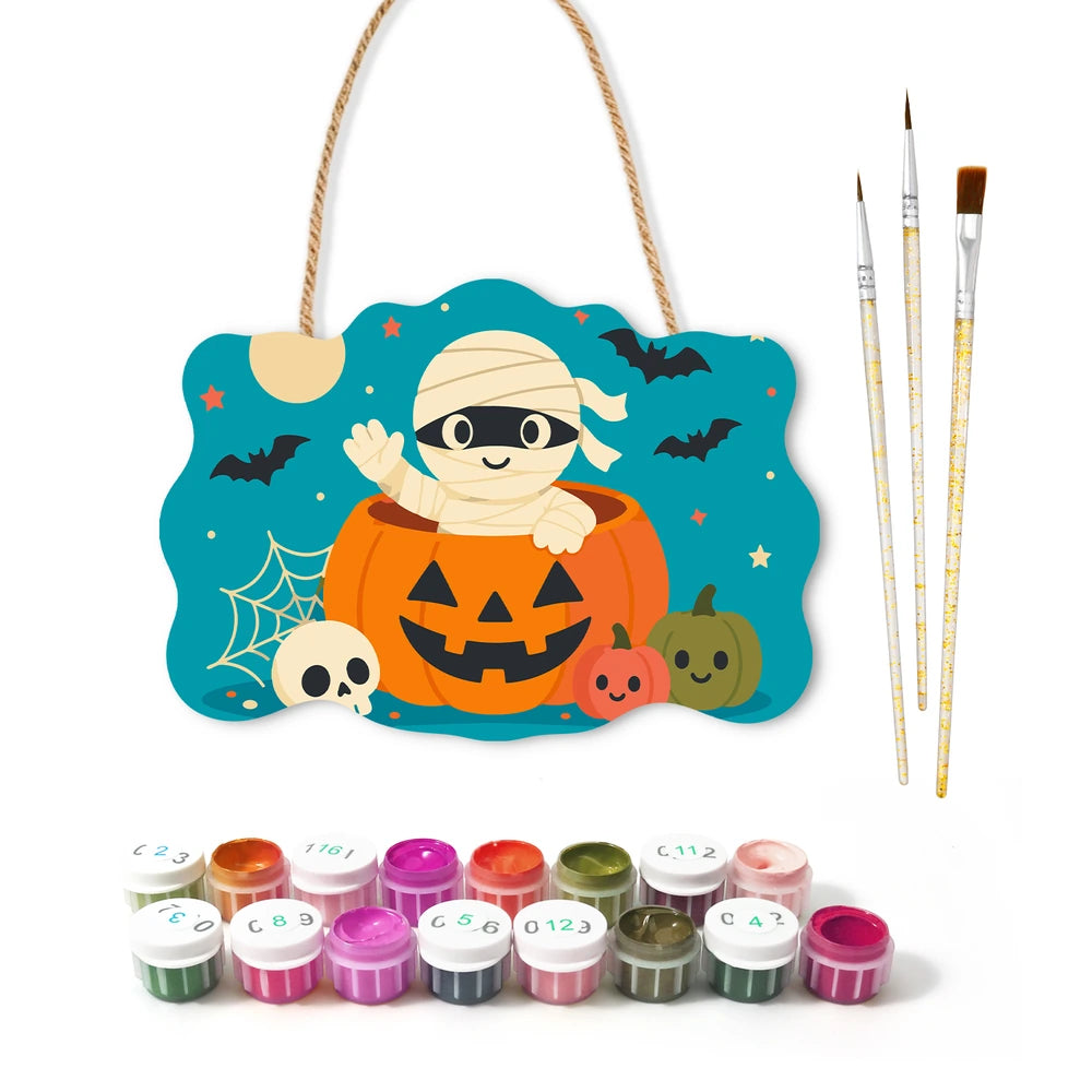 Paint by Numbers - Wooden Door Hanger | Mummy in a Jack-o'-Lantern