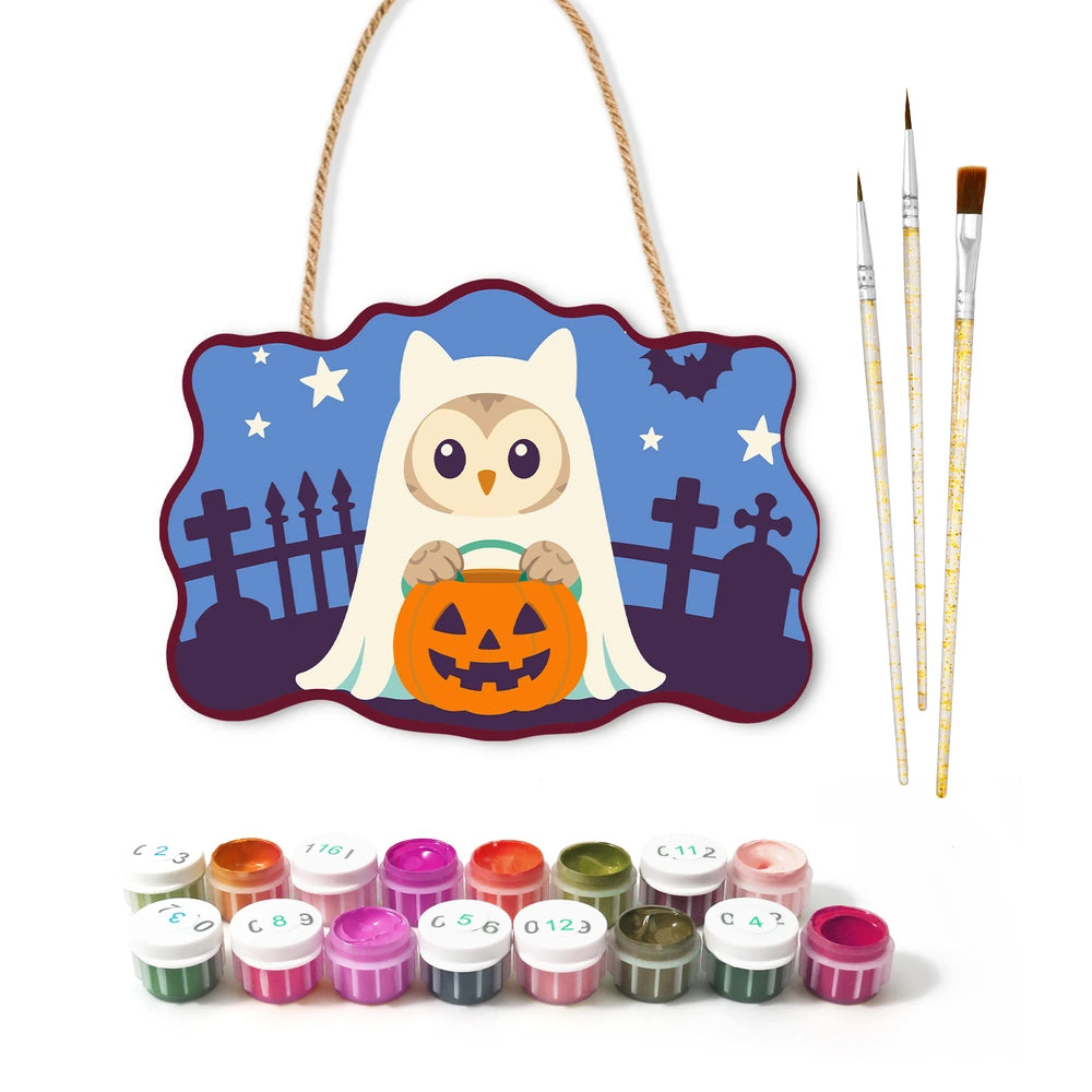Paint by Numbers - Wooden Door Hanger | Owl Ghost with a Pumpkin