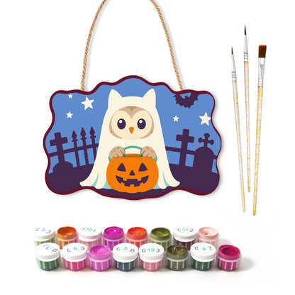 Paint by Numbers - Wooden Door Hanger | Owl Ghost with a Pumpkin