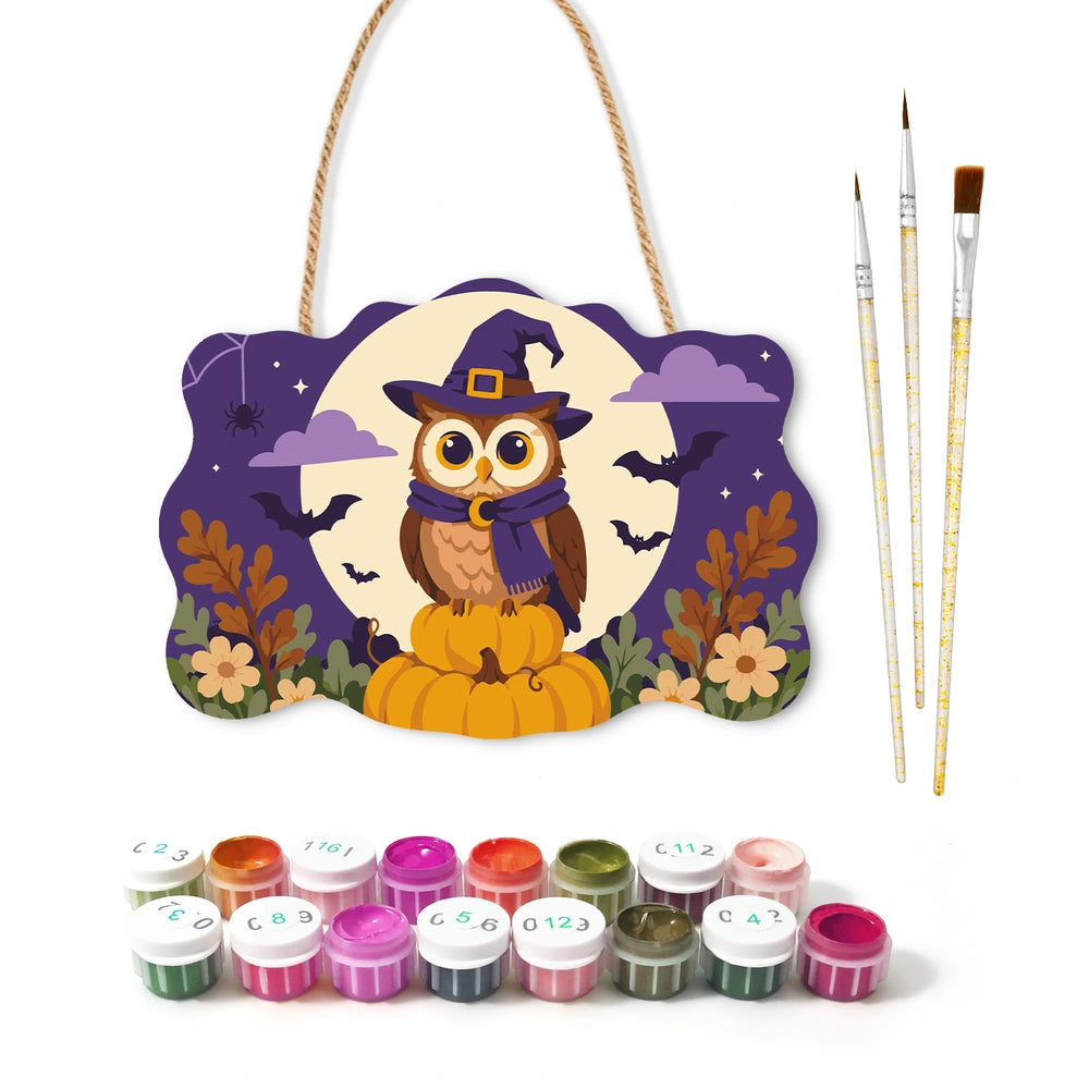 Paint by Numbers - Wooden Door Hanger | Owl in a Witch Hat in the Moon