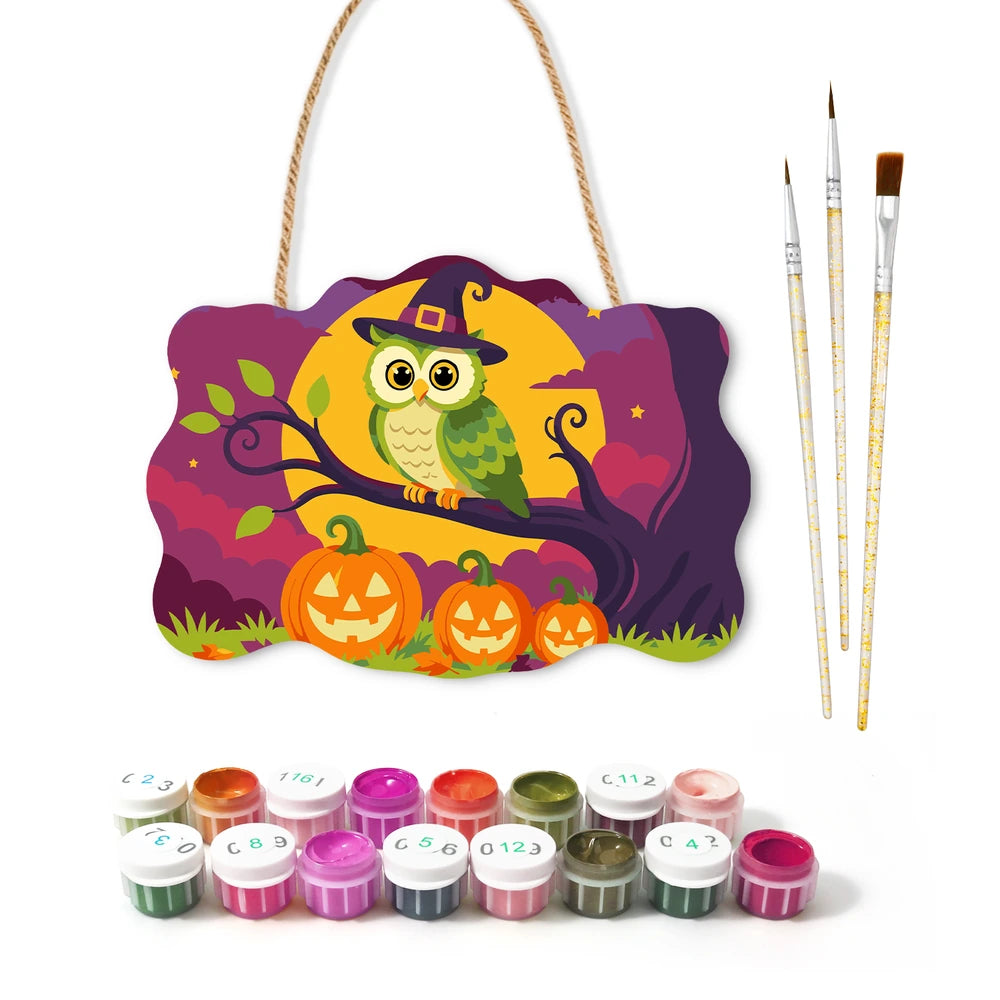 Paint by Numbers - Wooden Door Hanger | Owl in a Witch Hat on a Branch