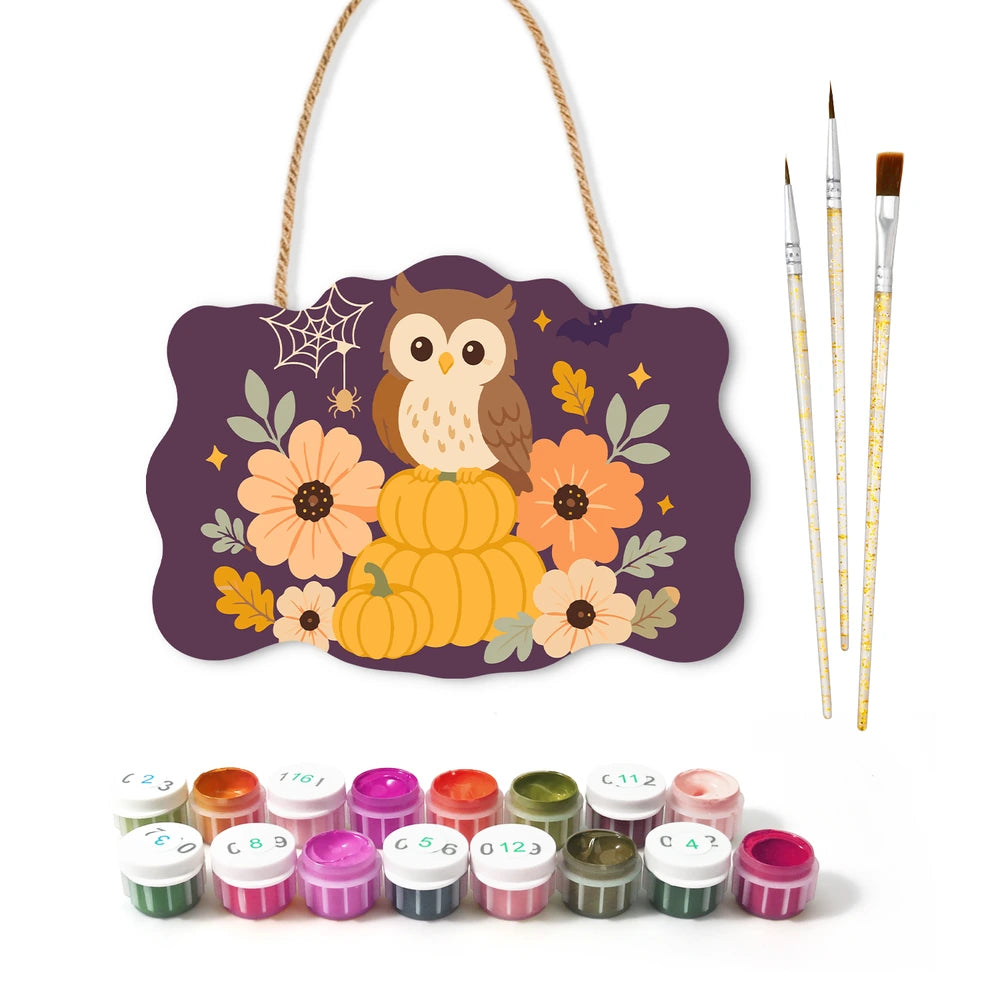 
Paint by Numbers - Wooden Door Hanger | Owl on Pumpkins with Flowers