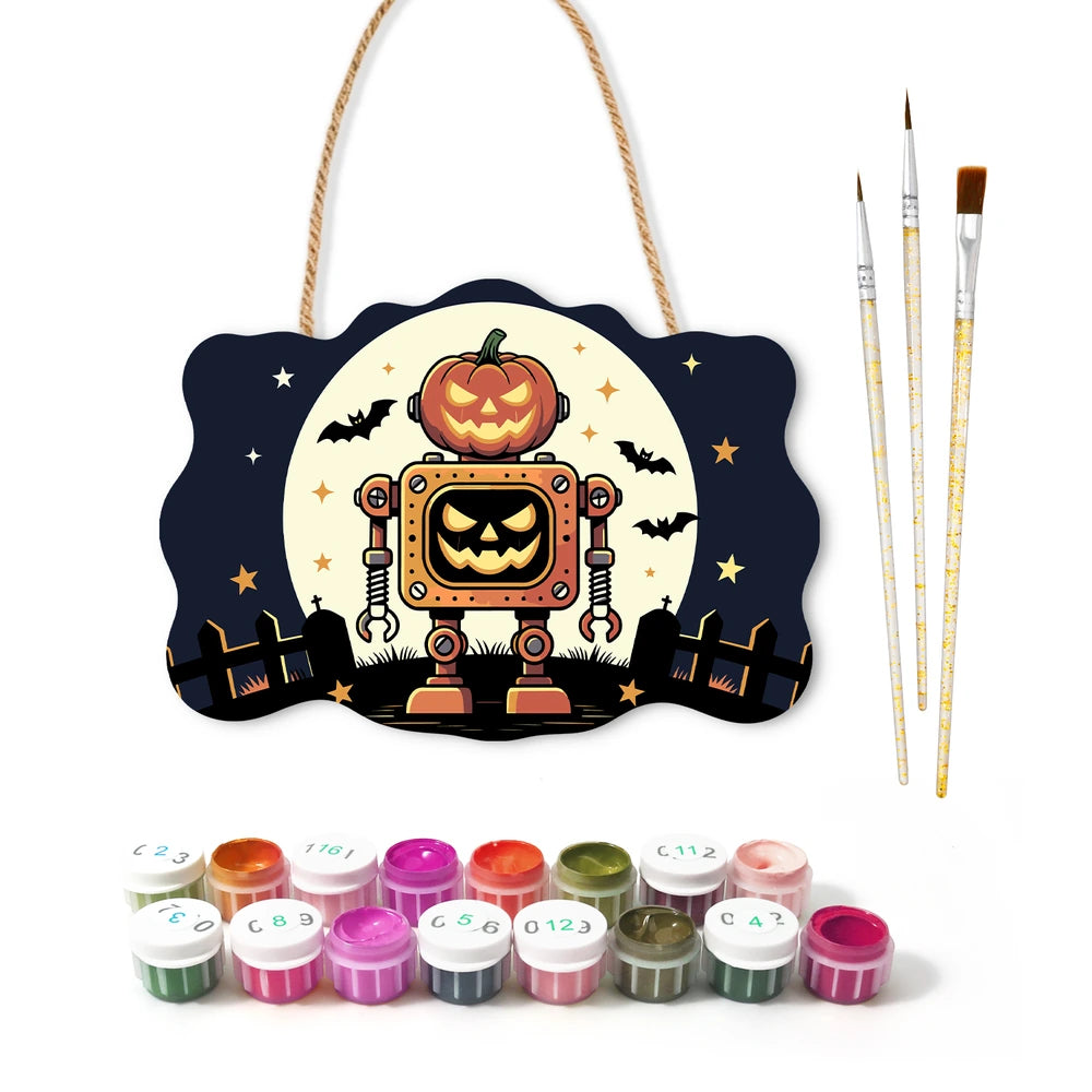 Paint by Numbers - Wooden Door Hanger | Pumpkin Robot Under the Moon