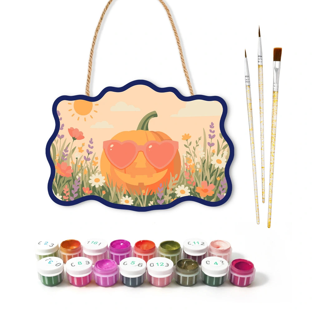 Paint by Numbers - Wooden Door Hanger | Pumpkin with Heart Sunglasses in the Meadow