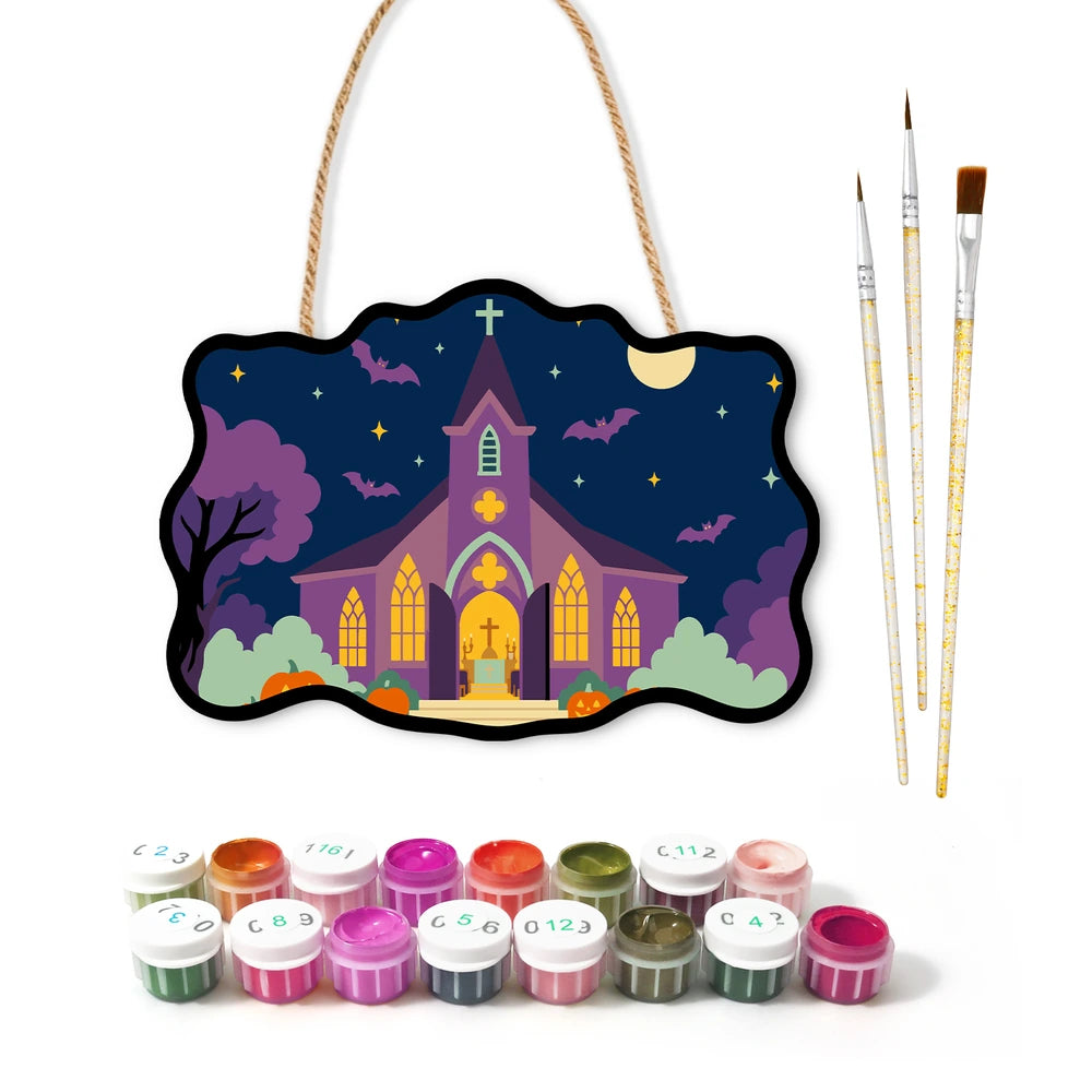 Paint by Numbers - Wooden Door Hanger | Purple Church on Halloween Night