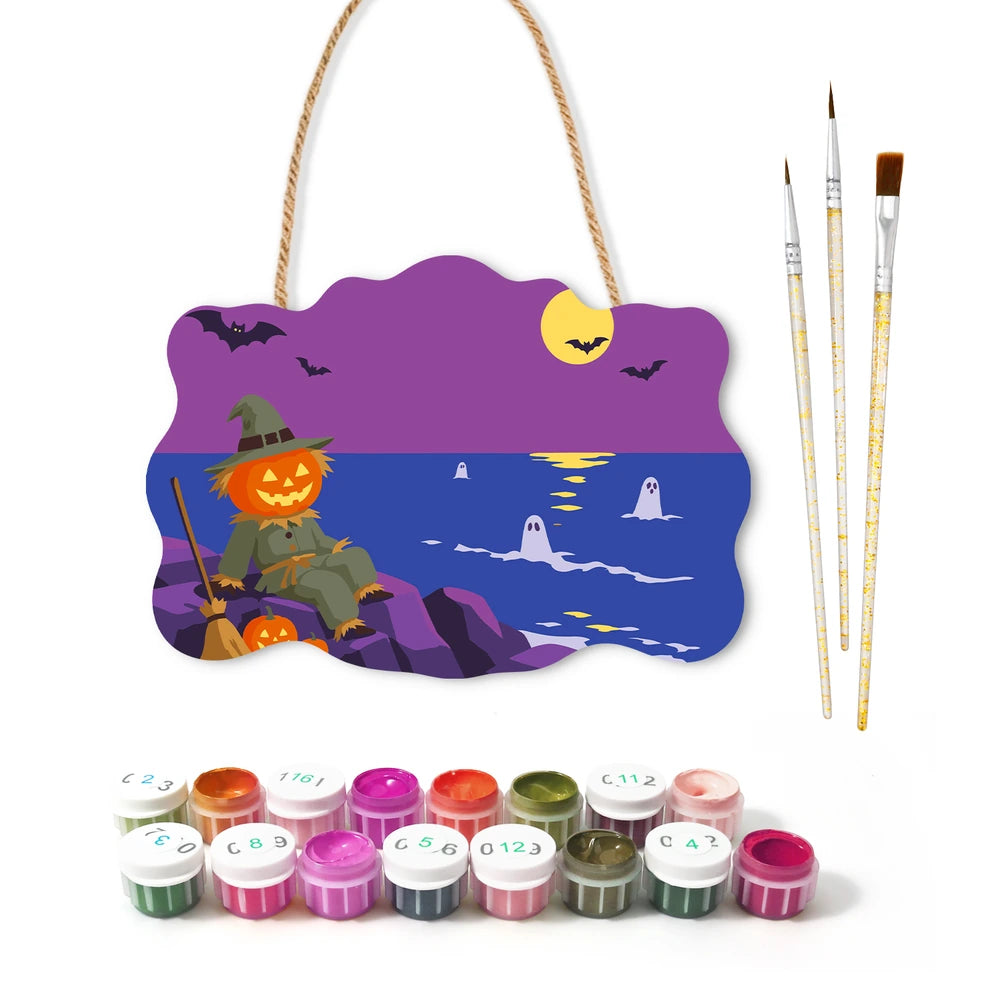 Paint by Numbers - Wooden Door Hanger | Scarecrow by the Sea at Night