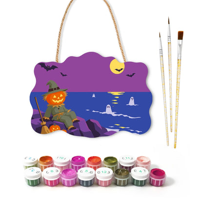 Paint by Numbers - Wooden Door Hanger | Scarecrow by the Sea at Night