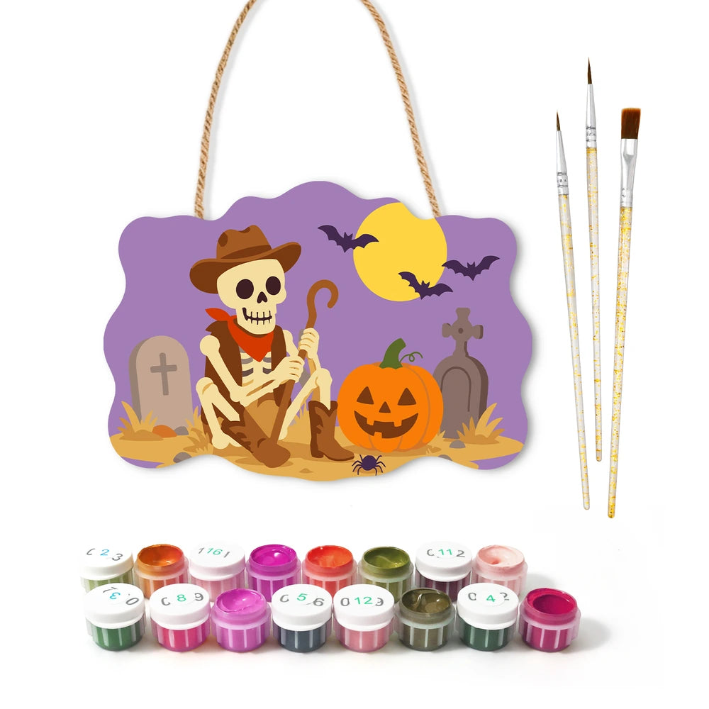 Paint by Numbers - Wooden Door Hanger | Skeleton Cowboy in the Graveyard