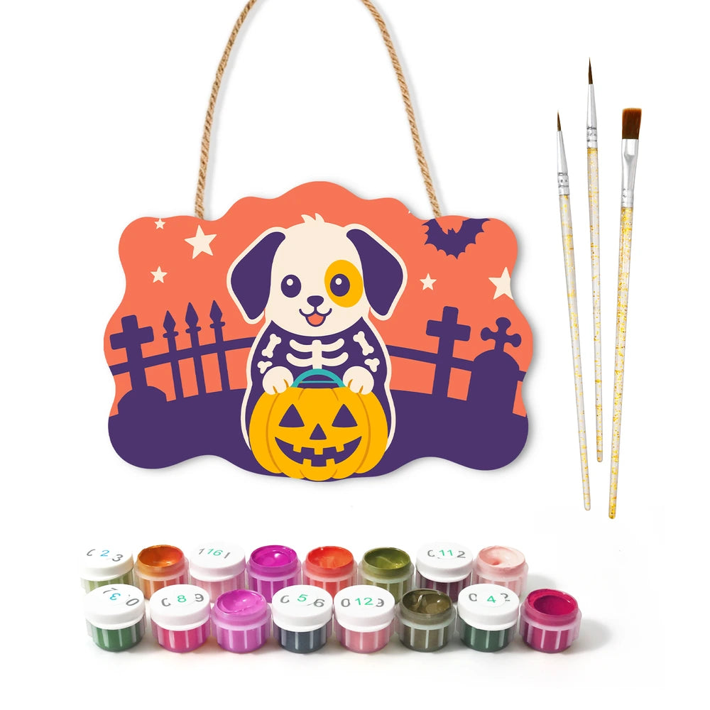 Paint by Numbers - Wooden Door Hanger | Skeleton Puppy with a Pumpkin
