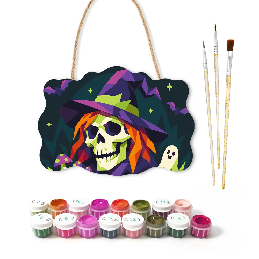 Paint by Numbers - Wooden Door Hanger | Skull Witch in Geometric Style
