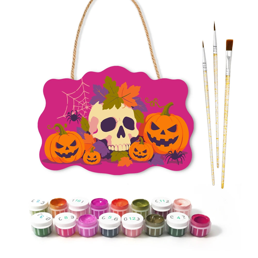 Paint by Numbers - Wooden Door Hanger | Skull with Autumn Leaves and Pumpkins